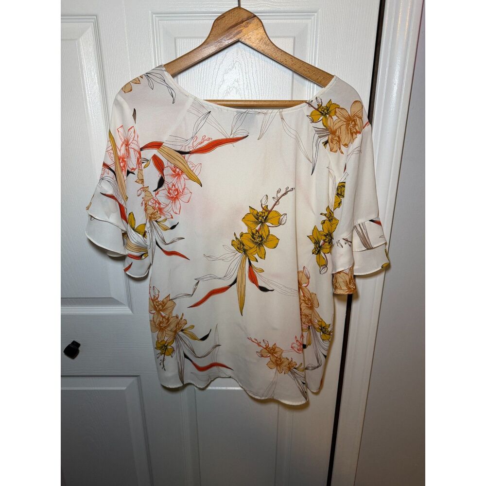 Worthington XL Floral Flutter Sleeve Blouse Ivory V Neck Women's Top - Picture 3 of 4